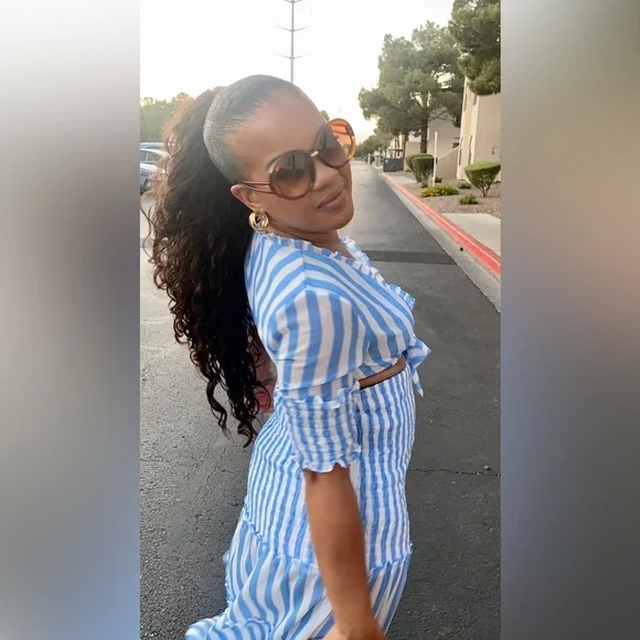 Blue striped two piece cover up with maxi high waisted skirt - Picture 5 of 6